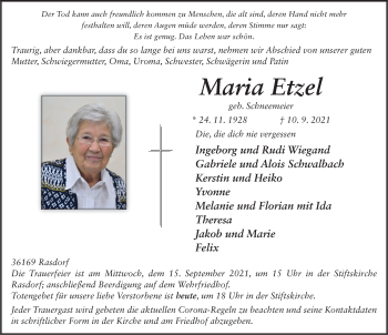 Traueranzeige von Maria Etzel von FZ
