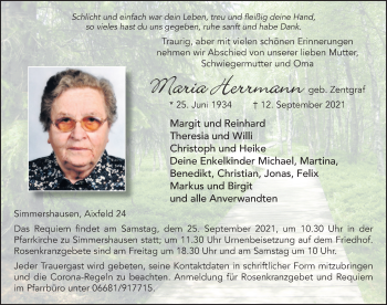Traueranzeige von Maria Herrmann von FZ