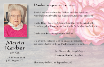 Traueranzeige von Maria Kerber von FZ