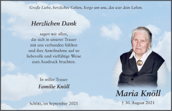 Traueranzeige von Maria Knöll von FZ
