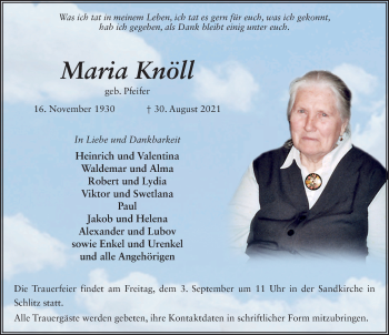 Traueranzeige von Maria Knöll von FZ