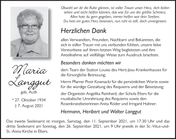 Traueranzeige von Maria Langgut von FZ