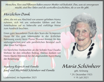 Traueranzeige von Maria Schönherr von FZ
