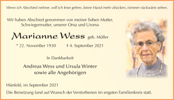 Traueranzeige von Marianne Wess von FZ