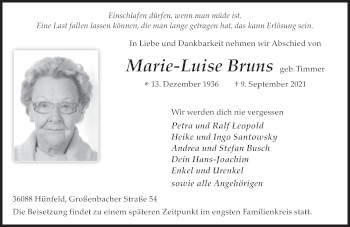 Traueranzeige von Marie-Luise Bruns von FZ