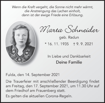 Traueranzeige von Marta Schneider von FZ