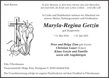 Traueranzeige von Maryla-Regina Getzin von FZ