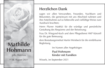 Traueranzeige von Mathilde Hohmann von FZ