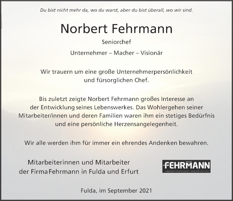  Traueranzeige für Norbert Fehrmann vom 18.09.2021 aus FZ