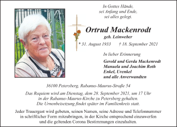 Traueranzeige von Ortrud Mackenrodt von FZ