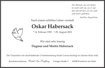 Traueranzeige von Oskar Habersack von FZ
