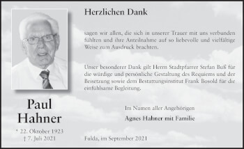Traueranzeige von Paul Hahner von FZ