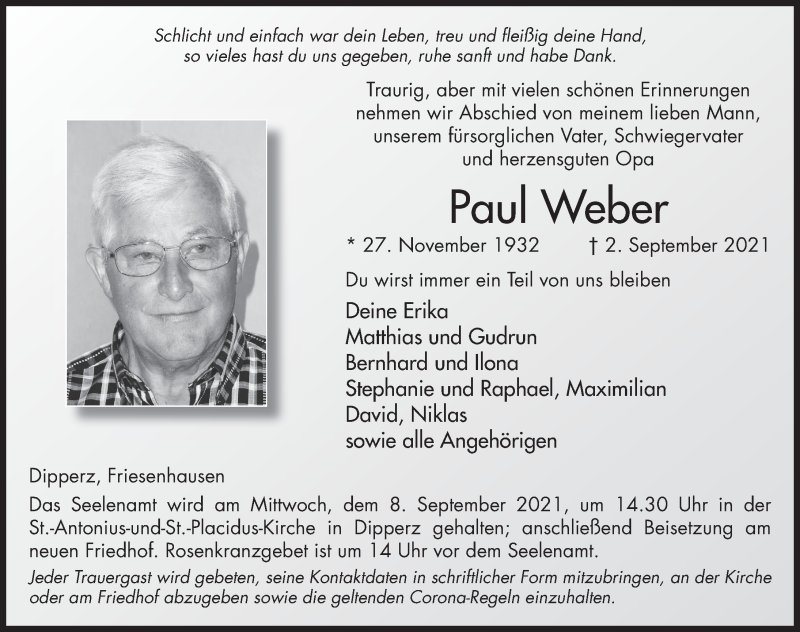  Traueranzeige für Paul Weber vom 06.09.2021 aus FZ