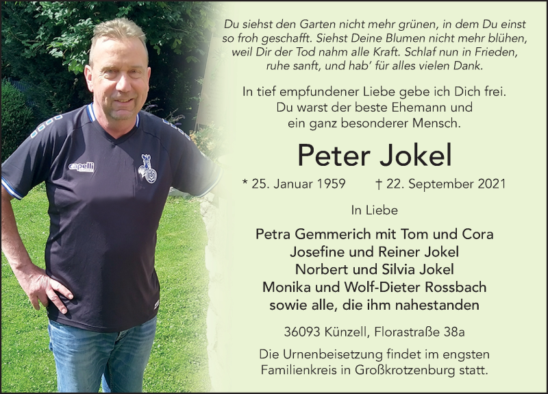  Traueranzeige für Peter Jokel vom 25.09.2021 aus FZ