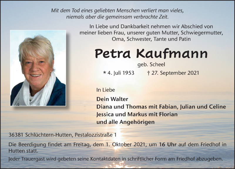  Traueranzeige für Petra Kaufmann vom 29.09.2021 aus FZ