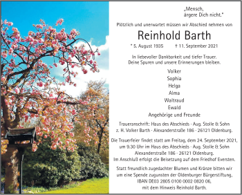 Traueranzeige von Reinhold Barth von FZ