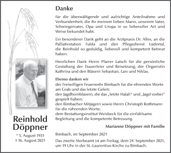 Traueranzeige von Reinhold Döppner von FZ