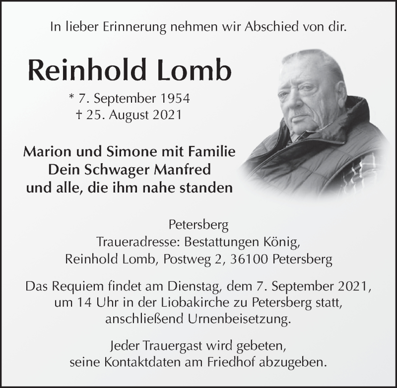  Traueranzeige für Reinhold Lomb vom 03.09.2021 aus FZ