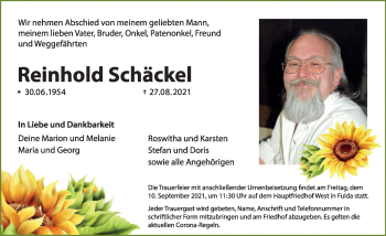 Traueranzeige von Reinhold Schäckel von FZ