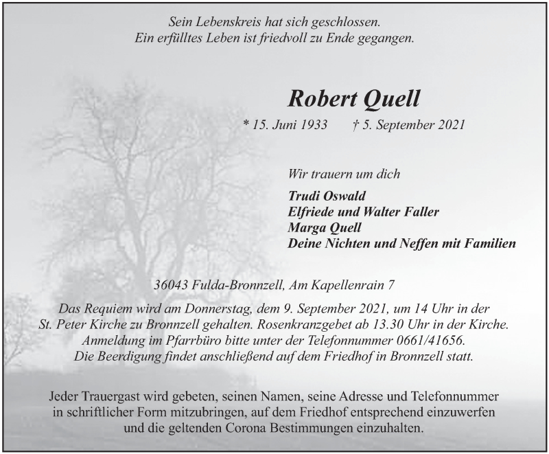  Traueranzeige für Robert Quell vom 07.09.2021 aus FZ