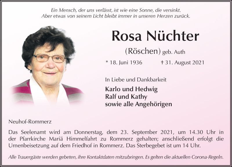  Traueranzeige für Rosa Nüchter vom 21.09.2021 aus FZ