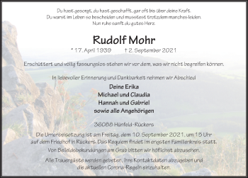 Traueranzeige von Rudolf Mohr von FZ