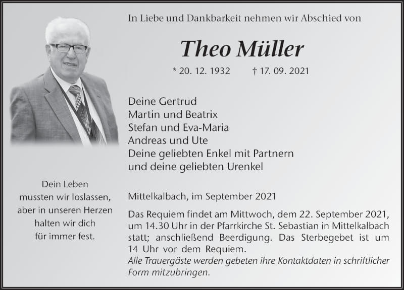  Traueranzeige für Theo Müller vom 20.09.2021 aus FZ
