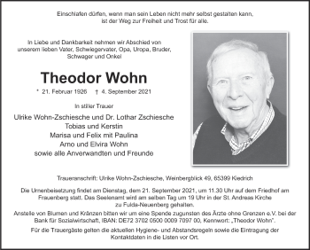 Traueranzeige von Theodor Wohn von FZ