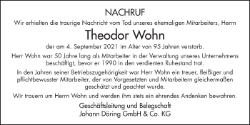 Traueranzeige von Theodor Wohn von FZ