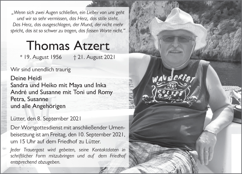 Traueranzeige für Thomas Atzert vom 08.09.2021 aus FZ