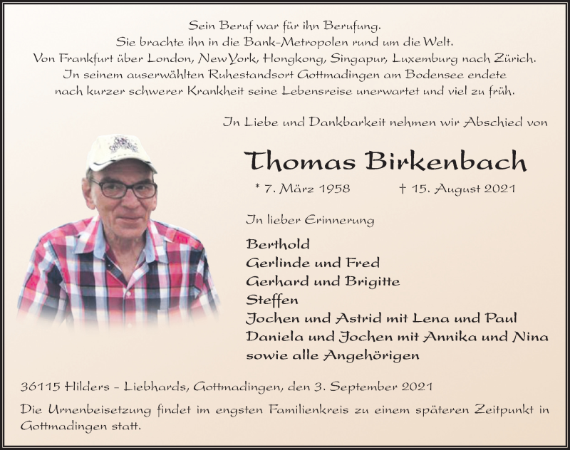 Traueranzeige für Thomas Birkenbach vom 03.09.2021 aus FZ