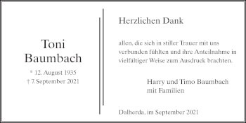 Traueranzeige von Toni Baumbach von FZ