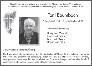 Traueranzeige von Toni Baumbach von FZ