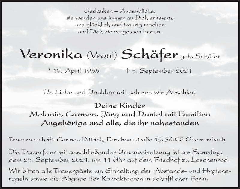  Traueranzeige für Veronika Schäfer vom 11.09.2021 aus FZ