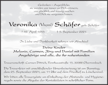 Traueranzeige von Veronika Schäfer von FZ