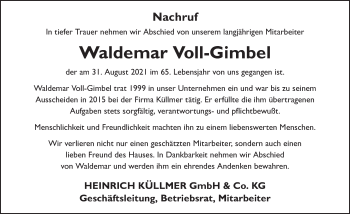 Traueranzeige von Waldemar Voll-Gimbel von FZ