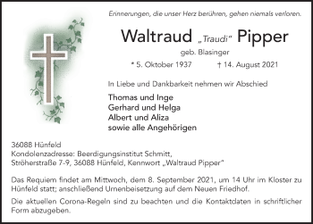 Traueranzeige von Waltraud Pipper von FZ