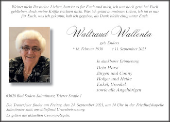 Traueranzeige von Waltraud Wallenta von FZ