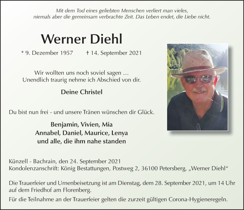  Traueranzeige für Werner Diehl vom 24.09.2021 aus FZ