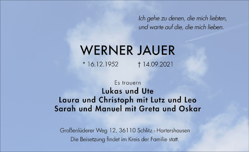  Traueranzeige für Werner Jauer vom 18.09.2021 aus FZ