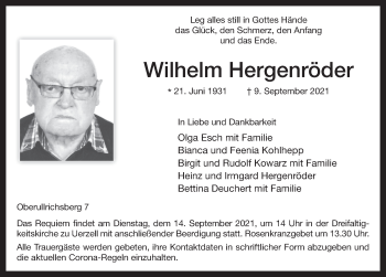 Traueranzeige von Wilhelm Hergenröder von FZ