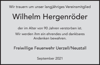 Traueranzeige von Wilhelm Hergenröder von FZ
