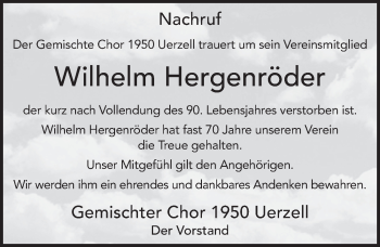 Traueranzeige von Wilhelm Hergenröder von FZ