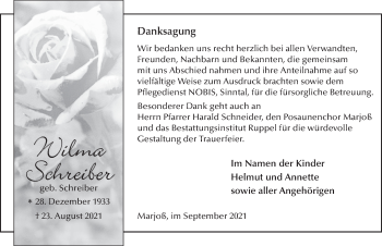 Traueranzeige von Wilma Schreiber von FZ