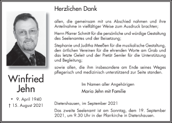 Traueranzeige von Winfried Jehn von FZ