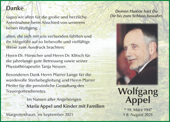 Traueranzeige von Wolfgang Appel von FZ