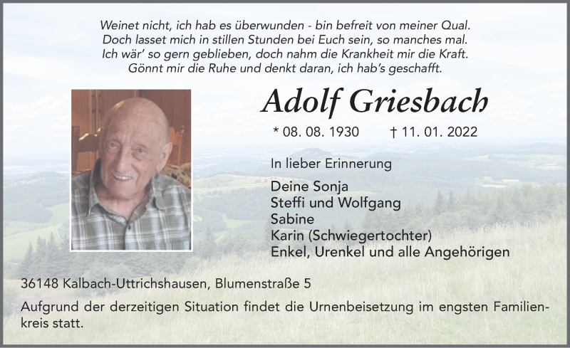  Traueranzeige für Adolf Griesbach vom 22.01.2022 aus FZ