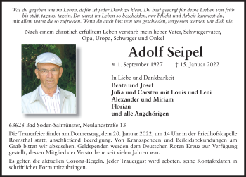 Traueranzeige von Adolf Seipel von FZ