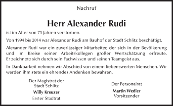 Traueranzeige von Alexander Rudi von FZ