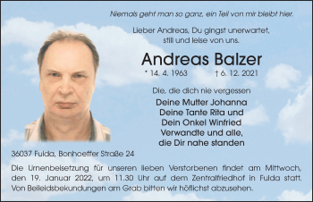 Traueranzeige von Andreas Balzer von FZ